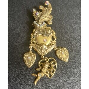 Artisan Cherub Heart Brooch Dangle Gold Tone Rhinestone Charm Vintage Valentines